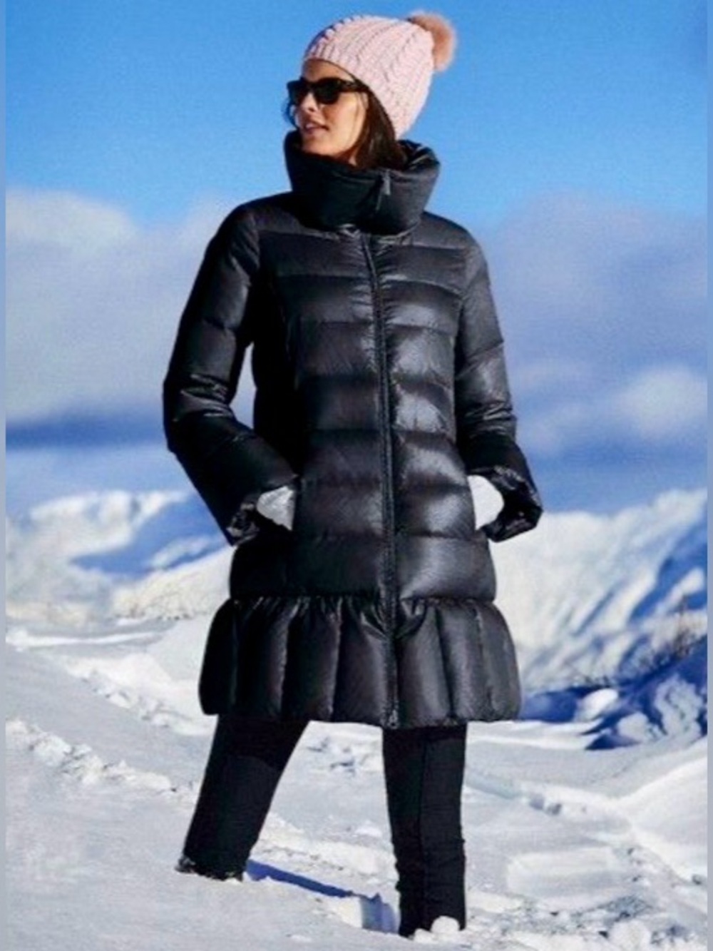 Lands' End Women Trapeze Ruffle Hem Black Puffer Down Jacket‎ Coat Medium Petite